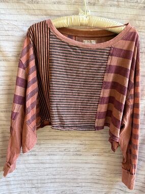 We The Free Striped Cropped Pullover in Dusty Rose and Plum